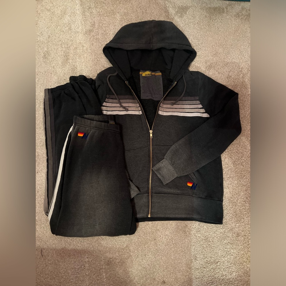 AVIATOR NATION 5 STRIPE HOODIE & JOGGER SET IN FADED SMOKE
